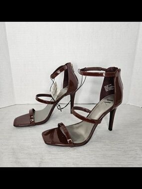 Worthington Glossy Patent Strappy Stilettto Heels in Chocolate